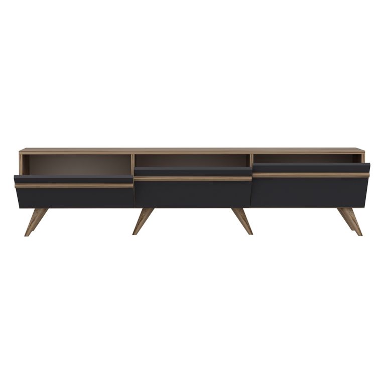 Mobile Porta tv Nero Antracite Marrone Rovere 3 Ante Apertura a Ribalta 180x35x42h cm, 3 Vani - Cortaccia