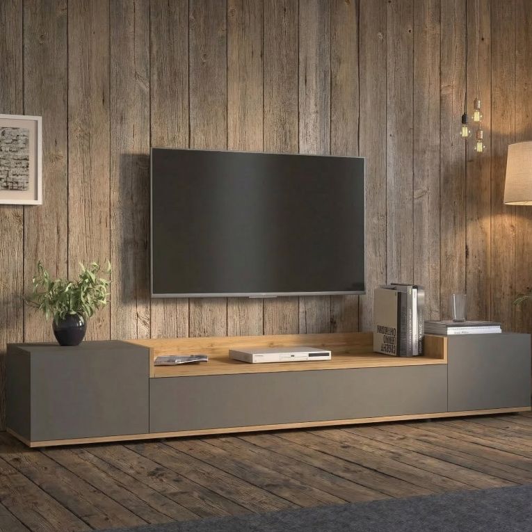 Mobile Porta tv Nero Antracite Marrone Rovere 3 Ripiani 3 Ante 200x35x30h cm, 4 Vani Made in Italy - Oxanna