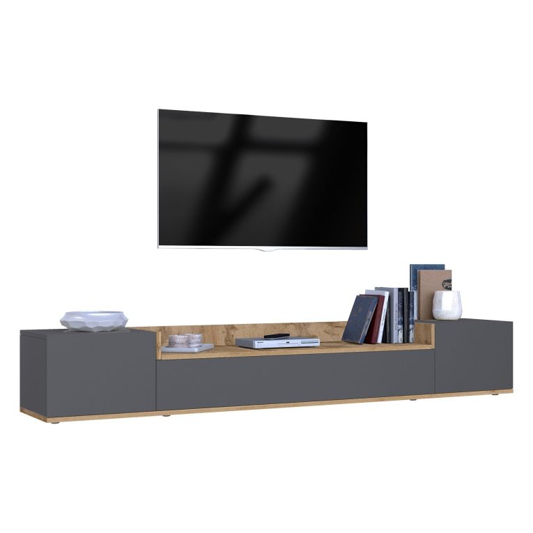 Mobile Porta tv Nero Antracite Marrone Rovere 3 Ripiani 3 Ante 200x35x30h cm, 4 Vani Made in Italy - Oxanna