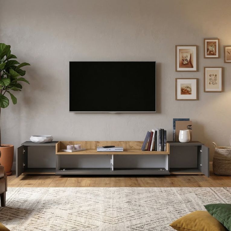 Mobile Porta tv Nero Antracite Marrone Rovere 3 Ripiani 3 Ante 200x35x30h cm, 4 Vani Made in Italy - Oxanna
