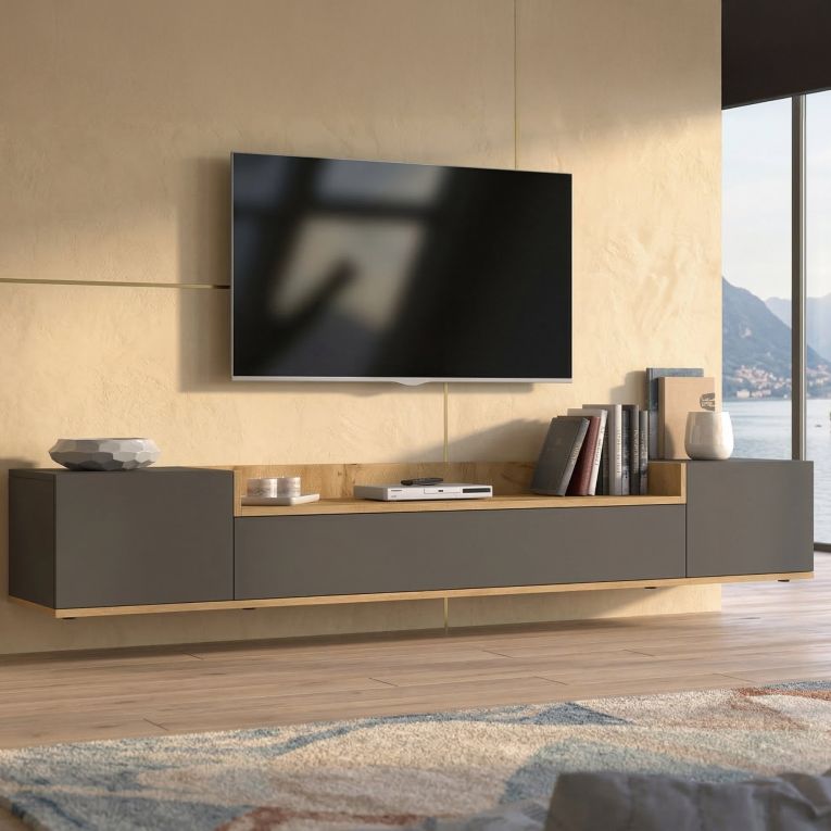 Mobile Porta tv Nero Antracite Marrone Rovere 3 Ripiani 3 Ante 200x35x30h cm, 4 Vani Made in Italy - Oxanna