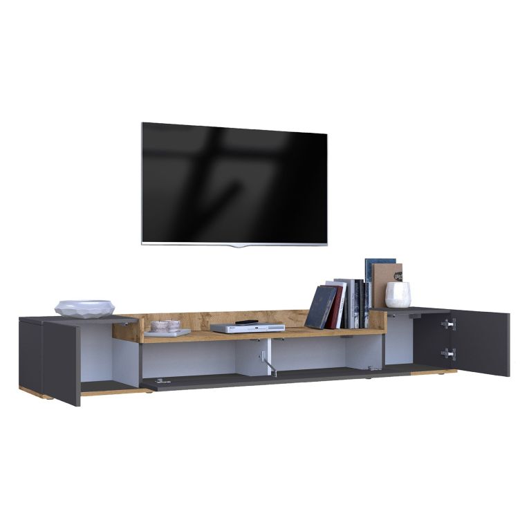 Mobile Porta tv Nero Antracite Marrone Rovere 3 Ripiani 3 Ante 200x35x30h cm, 4 Vani Made in Italy - Oxanna