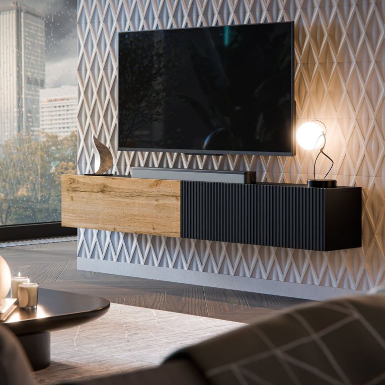 Mobile Porta tv Nero Antracite Marrone Rovere Modulabile un Ripiano 200x30x31h cm, 2 Ante - Sindia