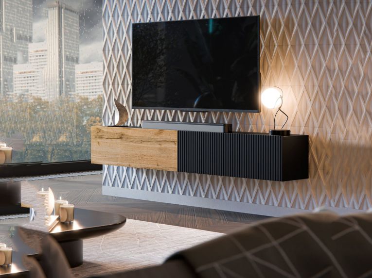 Mobile Porta tv Nero Antracite Marrone Rovere Modulabile un Ripiano 200x30x31h cm, 2 Ante - Sindia