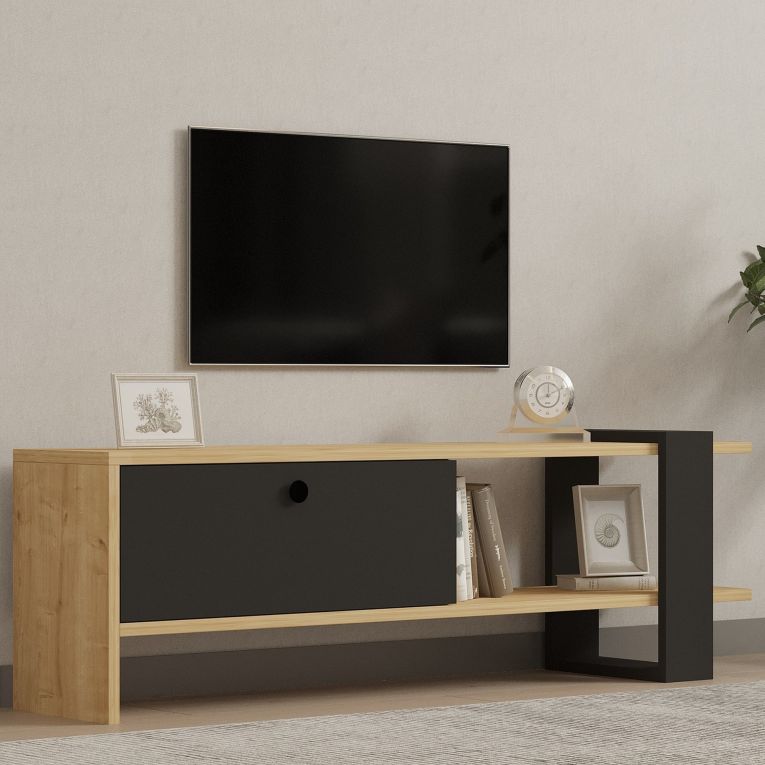 Mobile Porta tv Nero Antracite Marrone Rovere Un'anta Apertura a Ribalta 120x25x37h cm, 2 Vani - Taurasi
