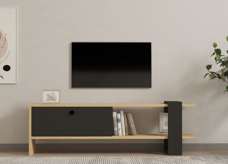 Mobile Porta tv Nero Antracite Marrone Rovere Un'anta Apertura a Ribalta 120x25x37h cm, 2 Vani - Taurasi