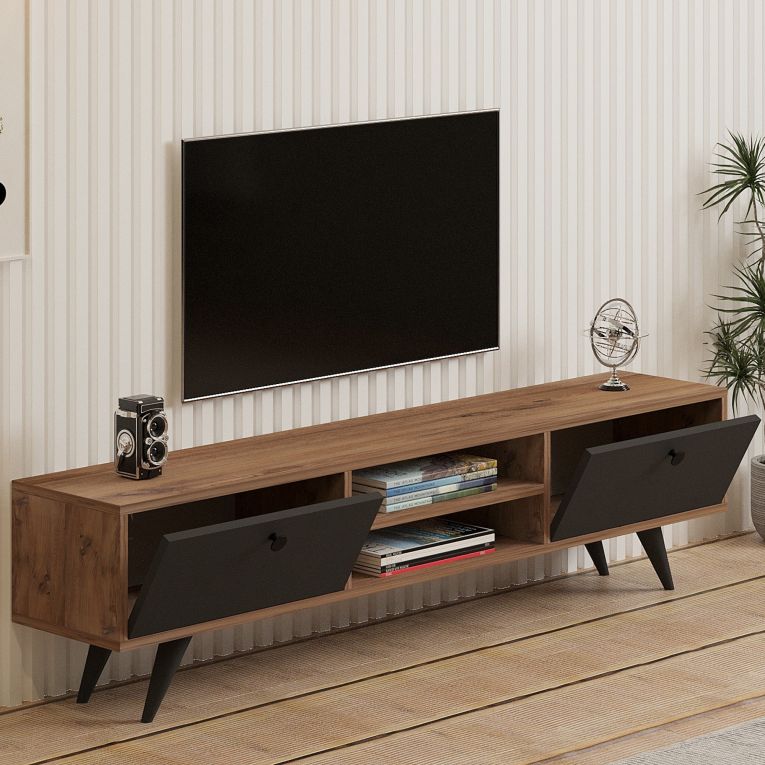 Mobile Porta tv Nero Antracite Marrone Rovere un Ripiano 2 Ante 160x30x37h cm, 4 Vani - Tribano