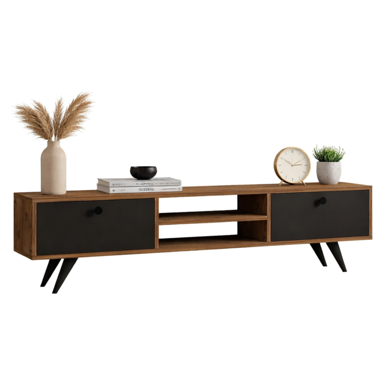 Mobile Porta tv Nero Antracite Marrone Rovere un Ripiano 2 Ante 160x30x37h cm, 4 Vani - Tribano