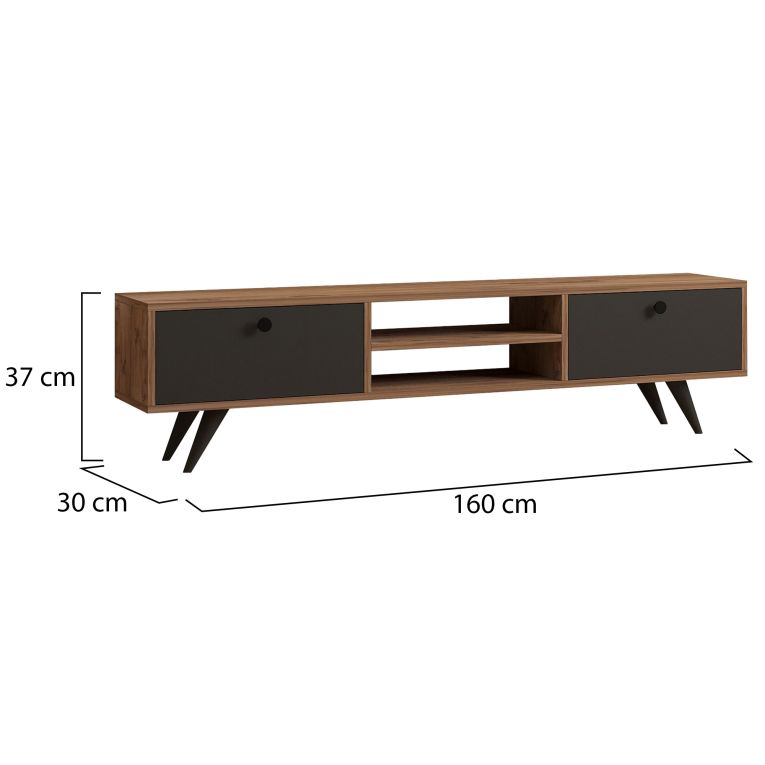 Mobile Porta tv Nero Antracite Marrone Rovere un Ripiano 2 Ante 160x30x37h cm, 4 Vani - Tribano