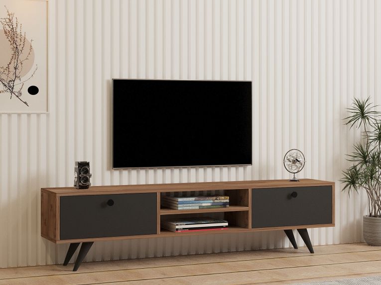 Mobile Porta tv Nero Antracite Marrone Rovere un Ripiano 2 Ante 160x30x37h cm, 4 Vani - Tribano