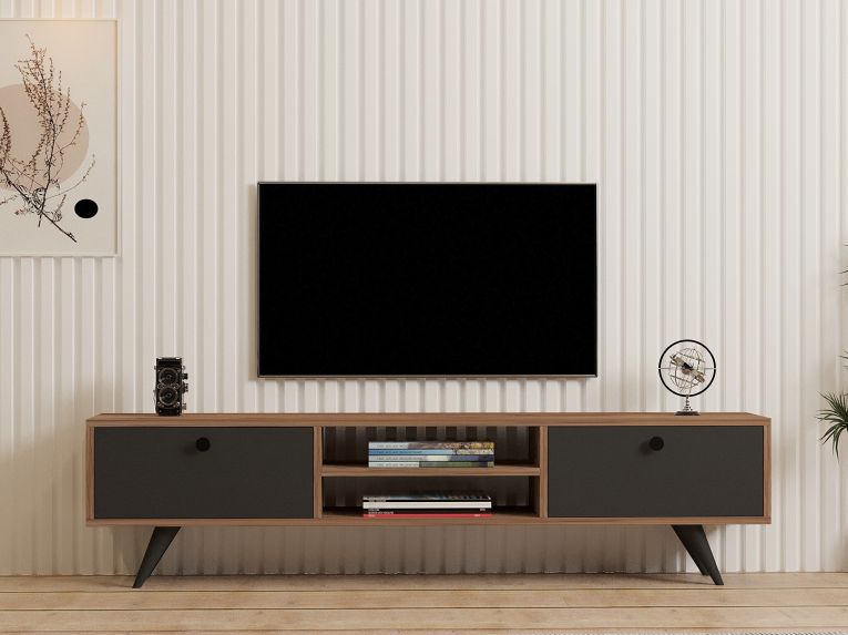 Mobile Porta tv Nero Antracite Marrone Rovere un Ripiano 2 Ante 160x30x37h cm, 4 Vani - Tribano