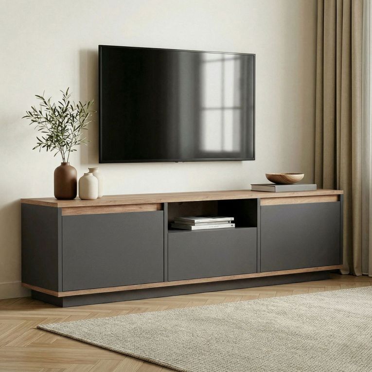 Mobile Porta tv Nero Antracite Marrone Rovere un Ripiano 3 Ante 160x30x42h cm, 4 Vani - Morrigan