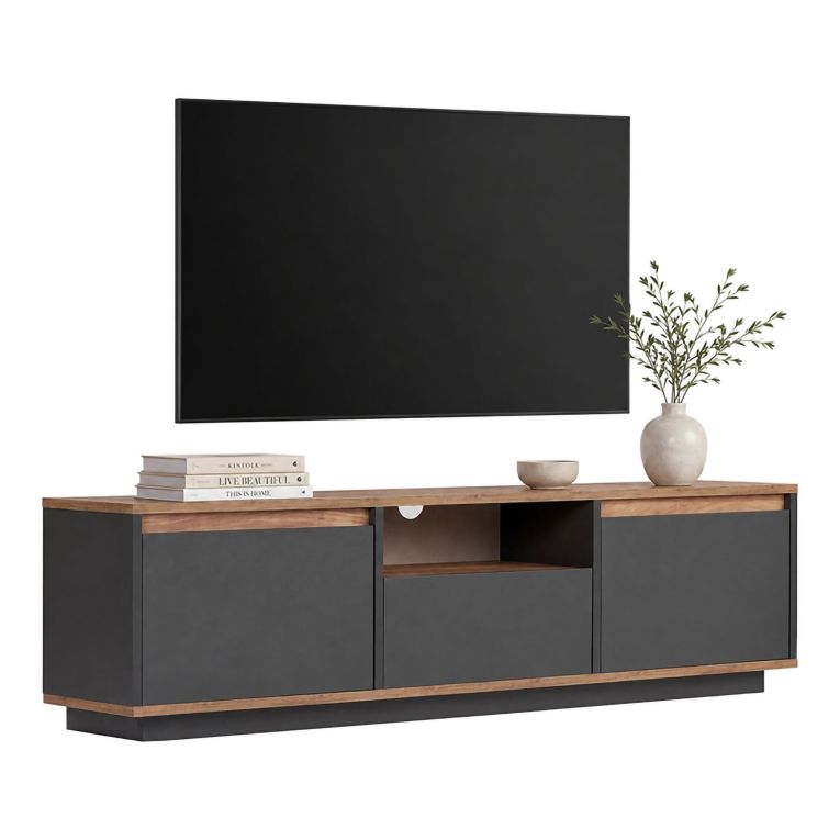 Mobile Porta tv Nero Antracite Marrone Rovere un Ripiano 3 Ante 160x30x42h cm, 4 Vani - Morrigan