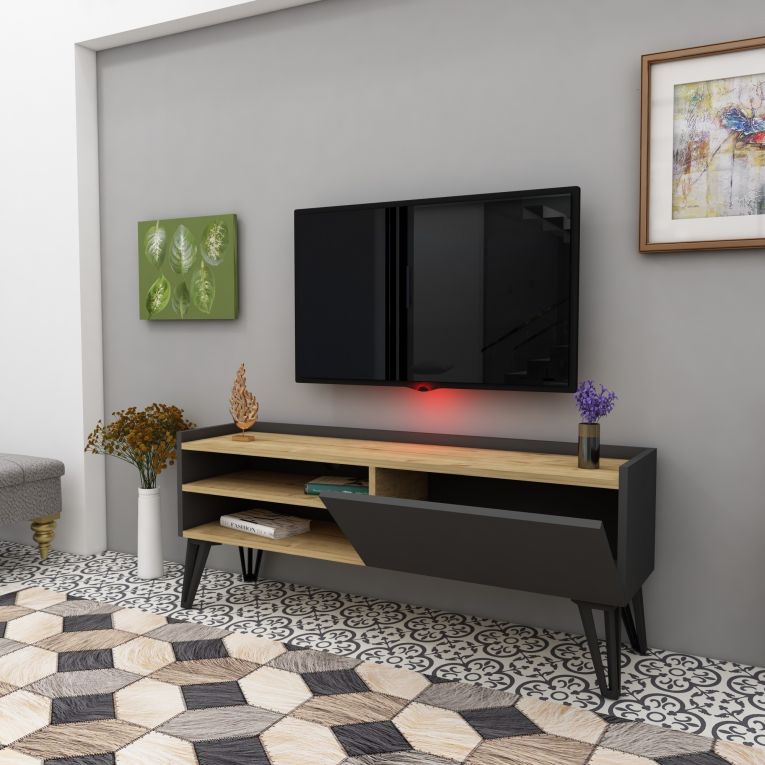 Mobile Porta tv Nero Antracite Marrone Rovere un Ripiano Un'anta 120x33x50h cm, 3 Vani - Cremia
