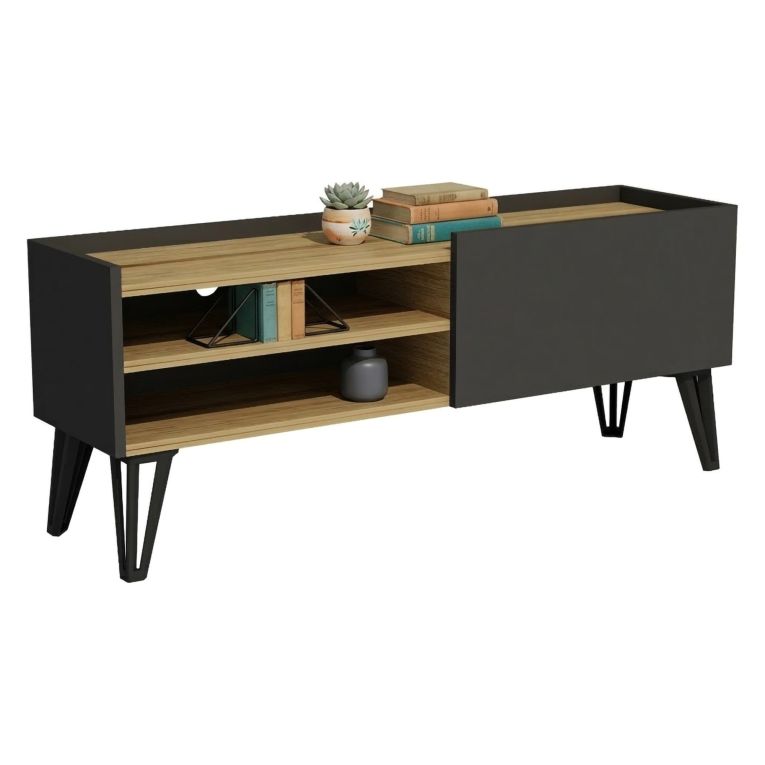 Mobile Porta tv Nero Antracite Marrone Rovere un Ripiano Un'anta 120x33x50h cm, 3 Vani - Cremia