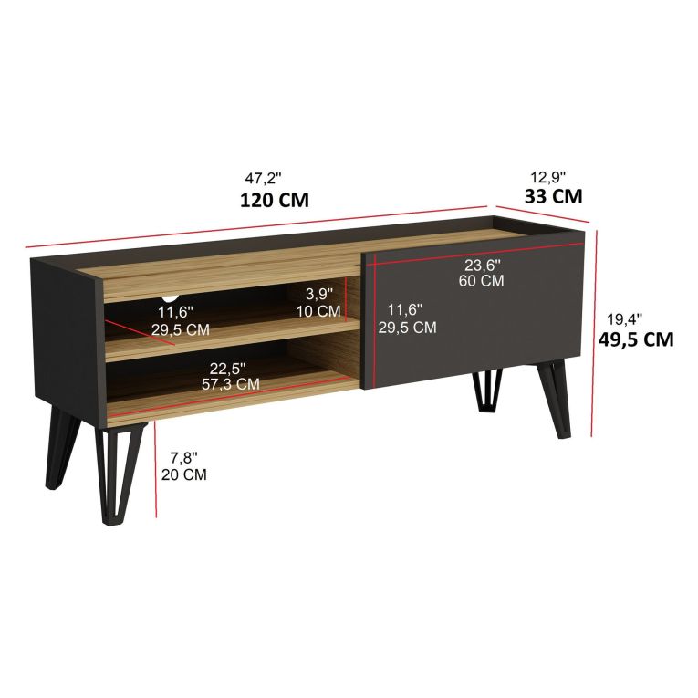 Mobile Porta tv Nero Antracite Marrone Rovere un Ripiano Un'anta 120x33x50h cm, 3 Vani - Cremia