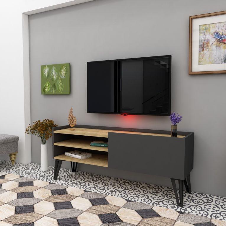 Mobile Porta tv Nero Antracite Marrone Rovere un Ripiano Un'anta 120x33x50h cm, 3 Vani - Cremia