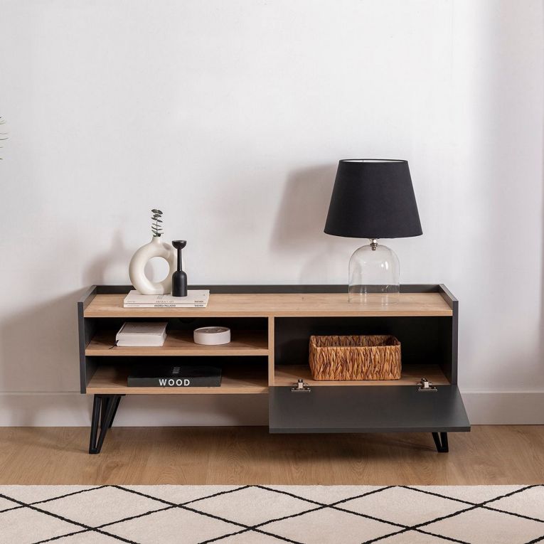 Mobile Porta tv Nero Antracite Marrone Rovere un Ripiano Un'anta 120x39x50h cm, 3 Vani - Molinara