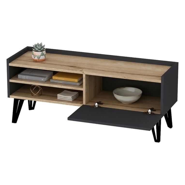 Mobile Porta tv Nero Antracite Marrone Rovere un Ripiano Un'anta 120x39x50h cm, 3 Vani - Molinara