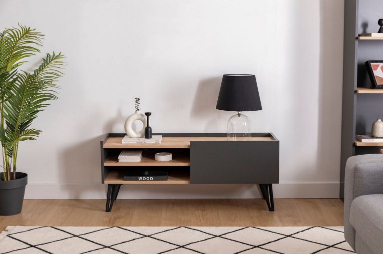 Mobile Porta tv Nero Antracite Marrone Rovere un Ripiano Un'anta 120x39x50h cm, 3 Vani - Molinara