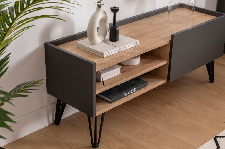 Mobile Porta tv Nero Antracite Marrone Rovere un Ripiano Un'anta 120x39x50h cm, 3 Vani - Molinara