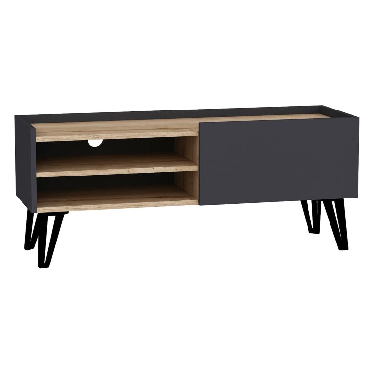 Mobile Porta tv Nero Antracite Marrone Rovere un Ripiano Un'anta 120x39x50h cm, 3 Vani - Molinara