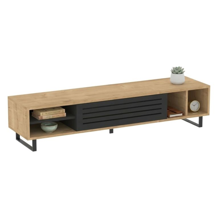 Mobile Porta tv Nero Antracite Marrone Rovere un Ripiano Un'anta 160x40x35h cm, 5 Vani - Sovico
