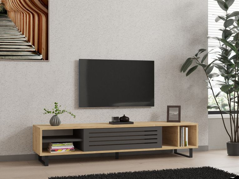 Mobile Porta tv Nero Antracite Marrone Rovere un Ripiano Un'anta 160x40x35h cm, 5 Vani - Sovico
