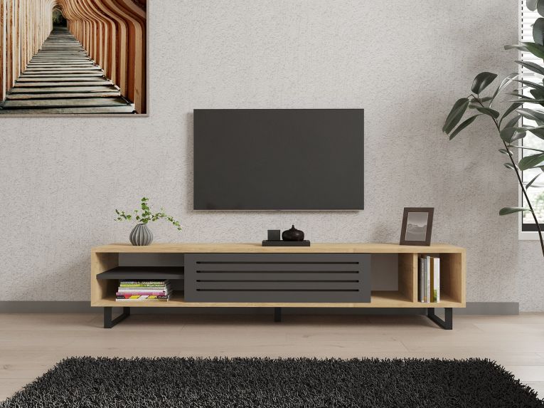 Mobile Porta tv Nero Antracite Marrone Rovere un Ripiano Un'anta 160x40x35h cm, 5 Vani - Sovico