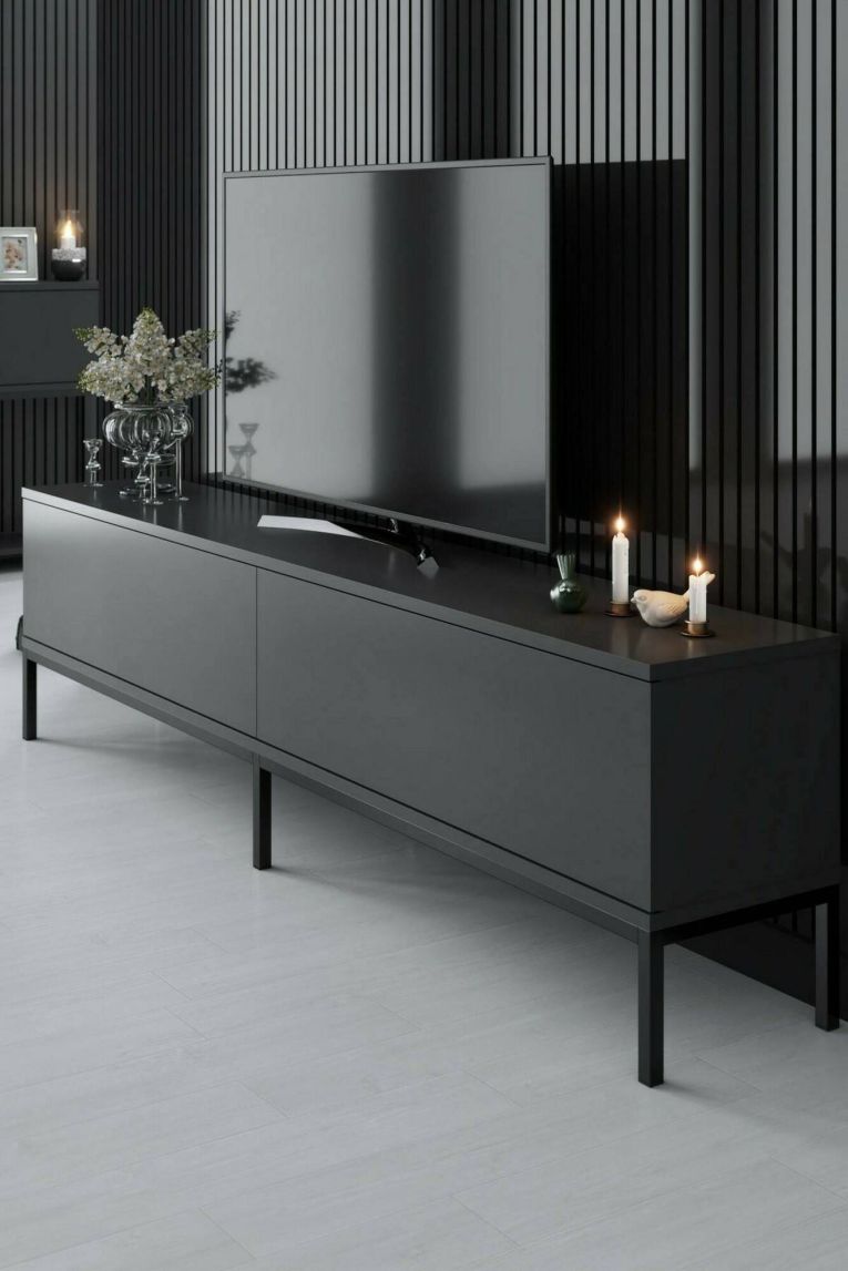Mobile Porta tv Nero Antracite Nero Cassetti un Ripiano 180x30x47h cm, 2 Ante - Espero