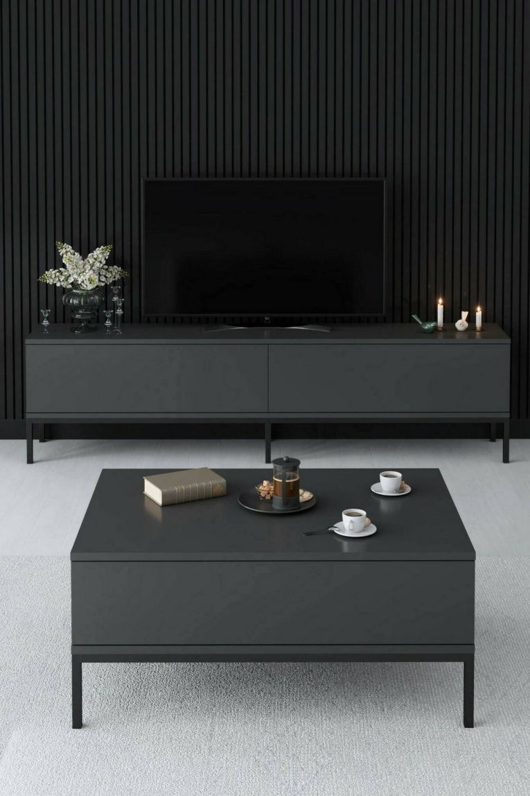 Mobile Porta tv Nero Antracite Nero Cassetti un Ripiano 180x30x47h cm, 2 Ante - Espero