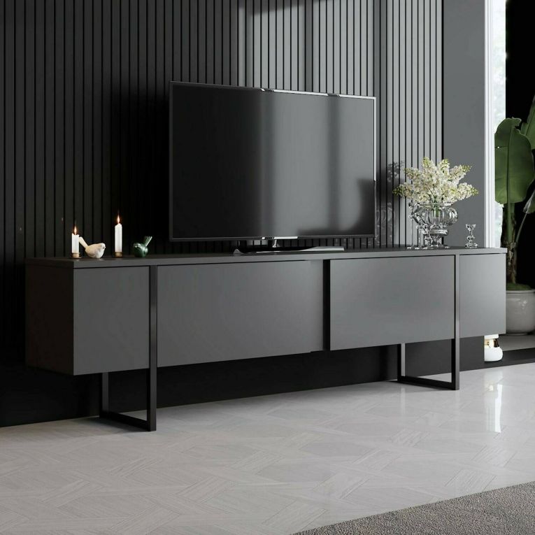 Mobile Porta tv Nero Antracite Nero Cassetti un Ripiano 180x30x50h cm, 2 Ante - Abishia