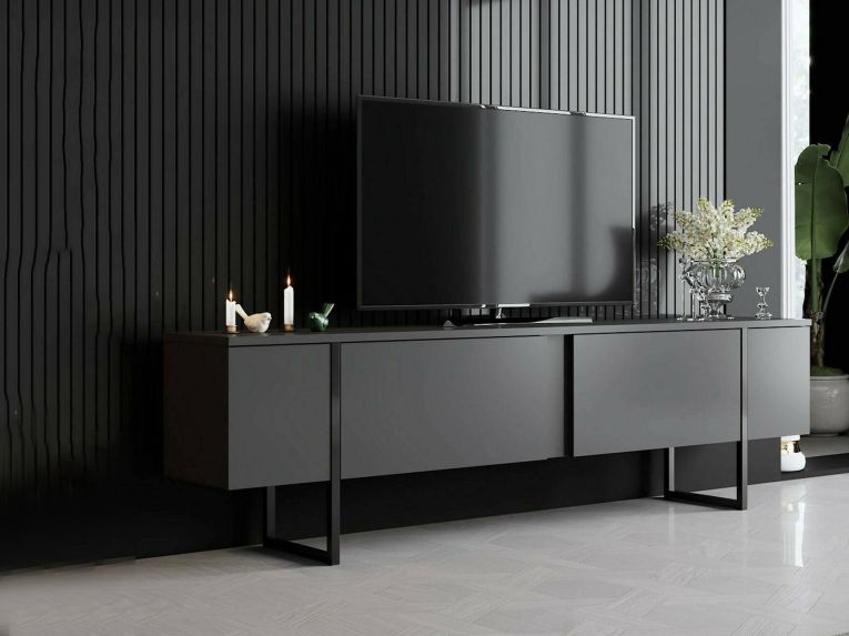 Mobile Porta tv Nero Antracite Nero Cassetti un Ripiano 180x30x50h cm, 2 Ante - Abishia