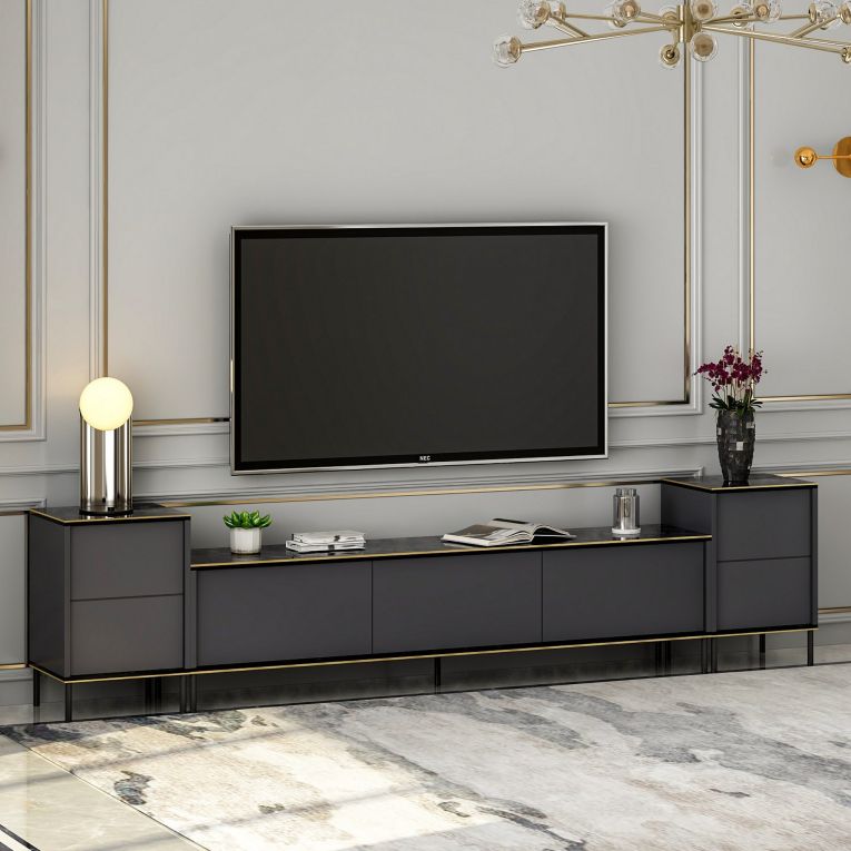 Mobile Porta tv Nero Antracite Nero Marmo 2 Ripiani 7 Vani 260x35x45h cm, 5 Ante - Cortin