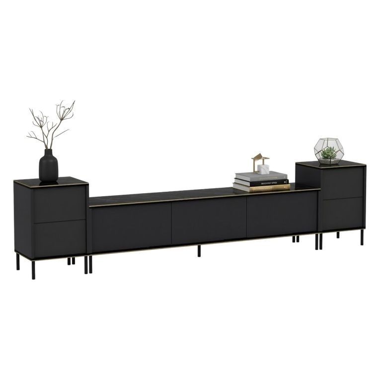 Mobile Porta tv Nero Antracite Nero Marmo 2 Ripiani 7 Vani 260x35x45h cm, 5 Ante - Cortin
