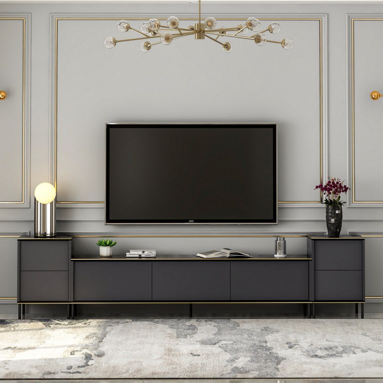 Mobile Porta tv Nero Antracite Nero Marmo 2 Ripiani 7 Vani 260x35x45h cm, 5 Ante - Cortin