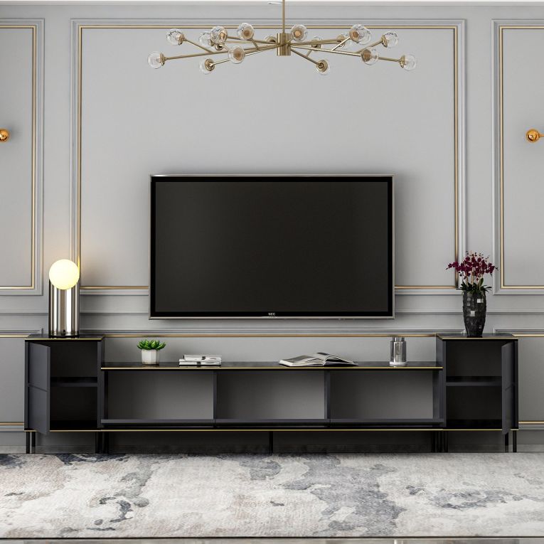 Mobile Porta tv Nero Antracite Nero Marmo 2 Ripiani 7 Vani 260x35x45h cm, 5 Ante - Cortin