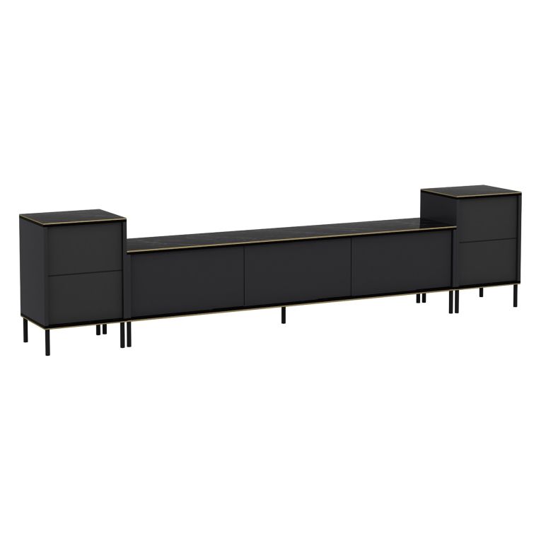 Mobile Porta tv Nero Antracite Nero Marmo 2 Ripiani 7 Vani 260x35x45h cm, 5 Ante - Cortin