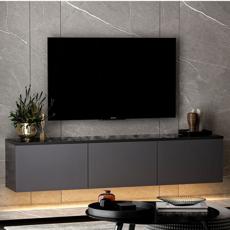 Mobile Porta tv Nero Antracite Nero Marmo Luci led Incluse 3 Ante 160x32x35h cm, Apertura a Ribalta - Marazzi