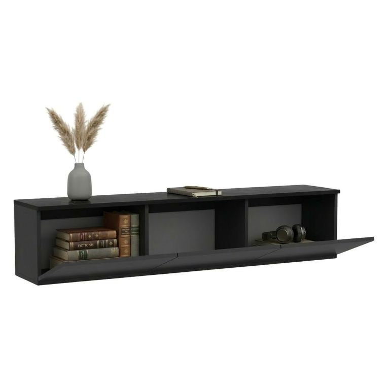 Mobile Porta tv Nero Antracite Nero Marmo Luci led Incluse 3 Ante 160x32x35h cm, Apertura a Ribalta - Marazzi