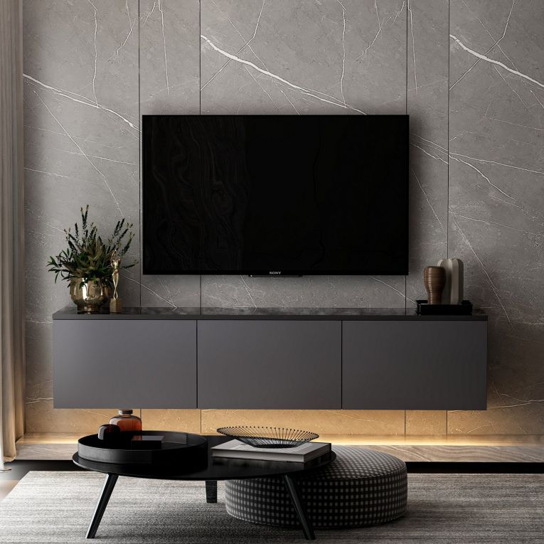 Mobile Porta tv Nero Antracite Nero Marmo Luci led Incluse 3 Ante 160x32x35h cm, Apertura a Ribalta - Marazzi