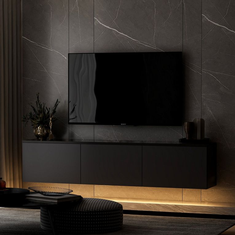 Mobile Porta tv Nero Antracite Nero Marmo Luci led Incluse 3 Ante 160x32x35h cm, Apertura a Ribalta - Marazzi