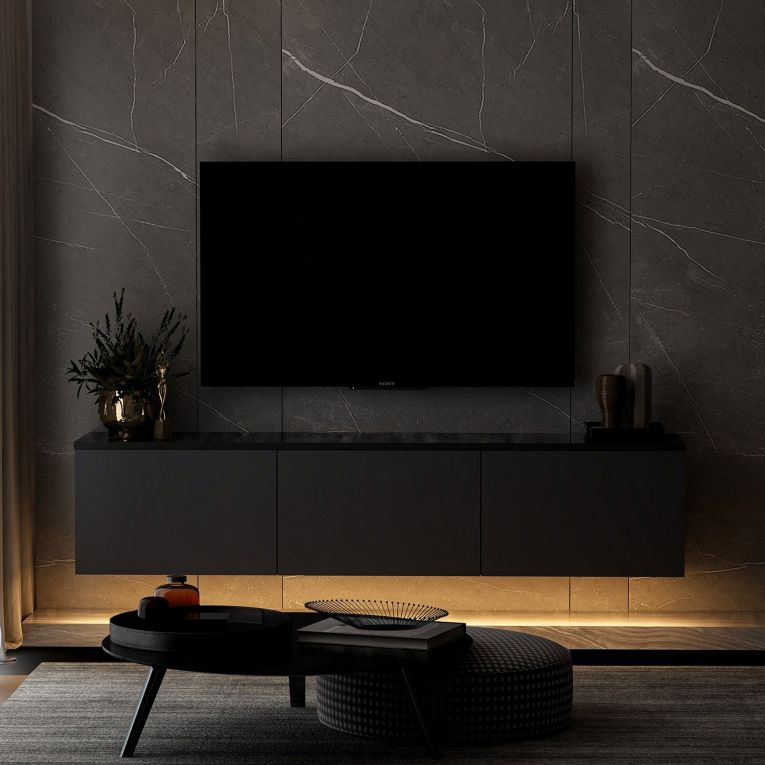 Mobile Porta tv Nero Antracite Nero Marmo Luci led Incluse 3 Ante 160x32x35h cm, Apertura a Ribalta - Marazzi