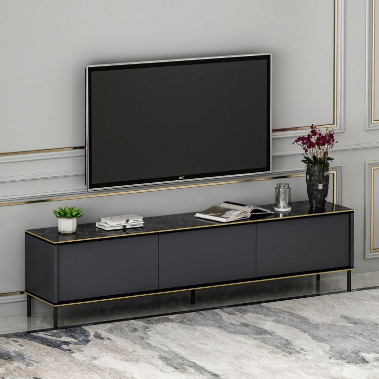 Mobile Porta tv Nero Antracite oro 3 Ante Ripiano Effetto Marmo 180x35x45h cm, 3 Vani - Vicchio