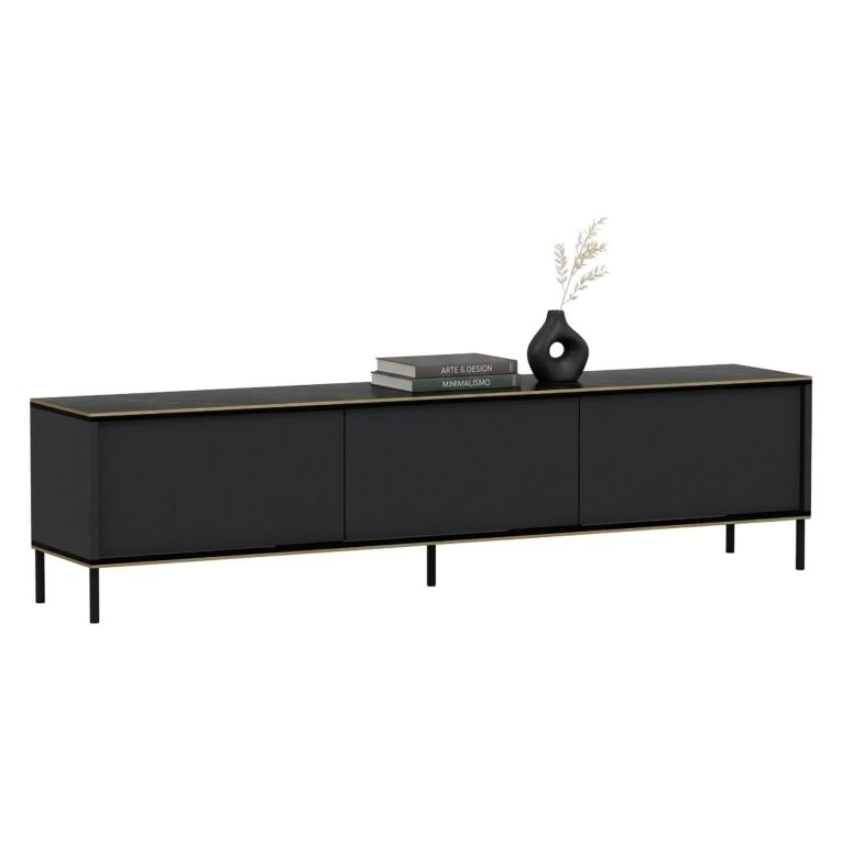 Mobile Porta tv Nero Antracite oro 3 Ante Ripiano Effetto Marmo 180x35x45h cm, 3 Vani - Vicchio
