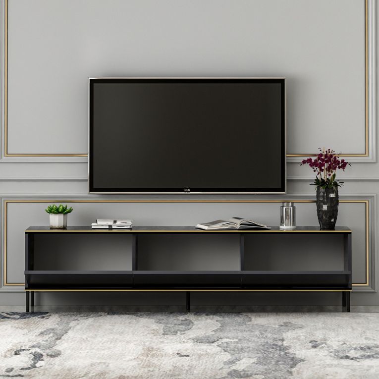 Mobile Porta tv Nero Antracite oro 3 Ante Ripiano Effetto Marmo 180x35x45h cm, 3 Vani - Vicchio