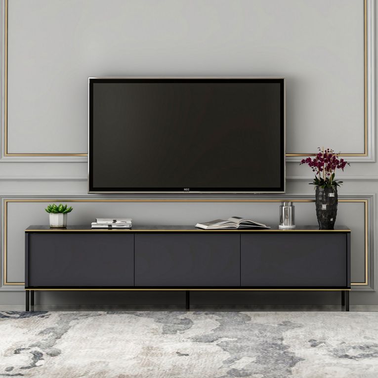 Mobile Porta tv Nero Antracite oro 3 Ante Ripiano Effetto Marmo 180x35x45h cm, 3 Vani - Vicchio