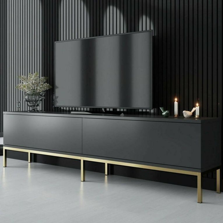 Mobile Porta tv Nero Antracite oro Cassetti un Ripiano 180x30x47h cm, 2 Ante - Espero