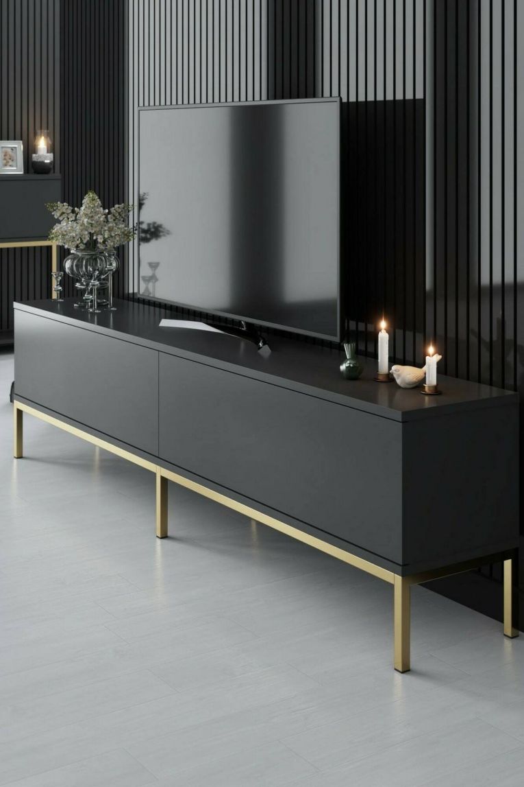 Mobile Porta tv Nero Antracite oro Cassetti un Ripiano 180x30x47h cm, 2 Ante - Espero