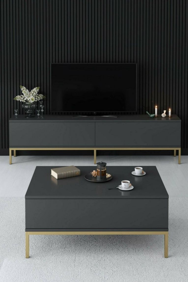 Mobile Porta tv Nero Antracite oro Cassetti un Ripiano 180x30x47h cm, 2 Ante - Espero